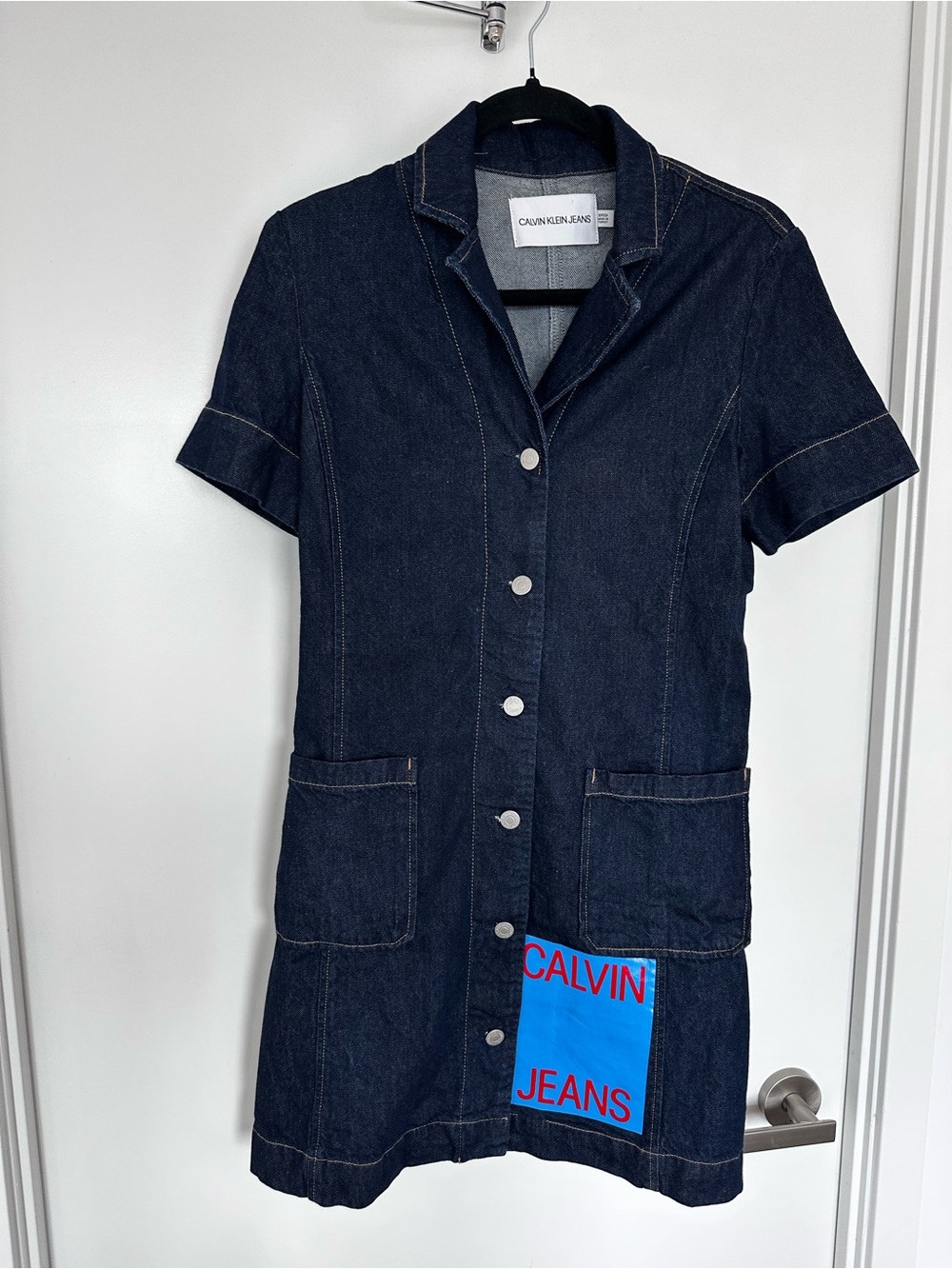 Calvin Klein Jeans Indigo Denim Snap-Front Dress with Logo Patch